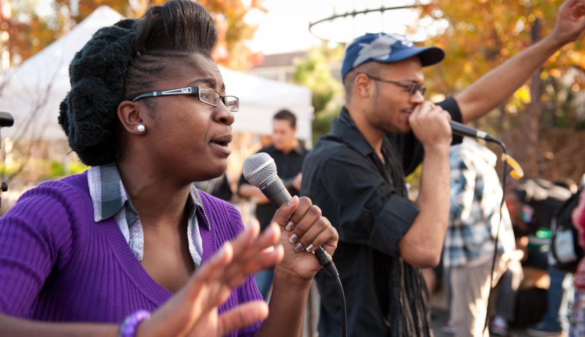 Sophomores Jessica Anderson and Tyler Brooks spoke out for the Occupy Stanford movement in song and rap.