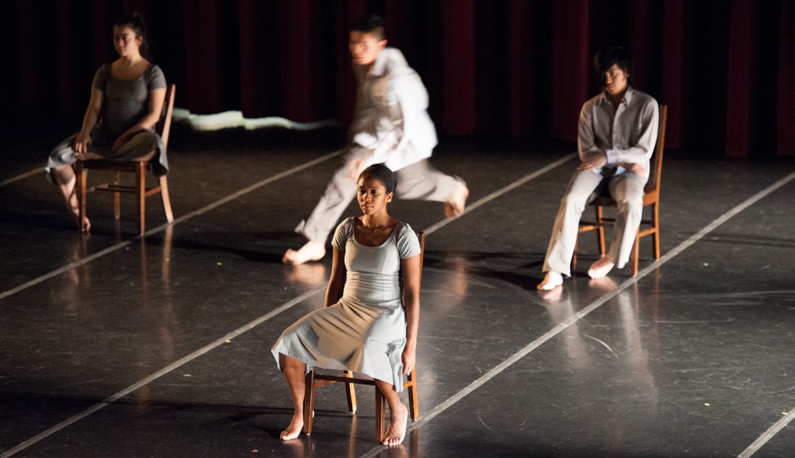 CC Chiu, Nia-Amina Minor, IJ Espinoza and Gary Champi rehearse a section from Rooms.
