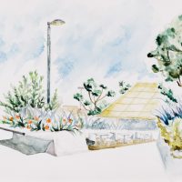Works by Stanford Summer Arts Institute high school students in the Architecture, Drawing and Design class