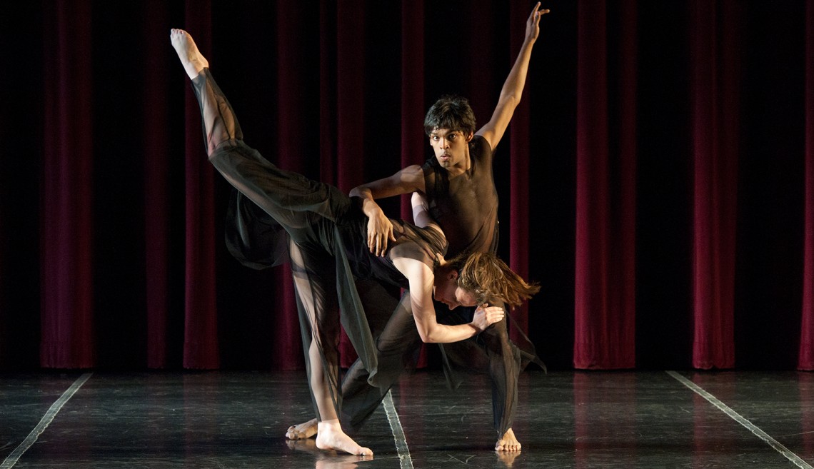 Julia Neidert and Sanjay Saverimuttu rehearse Twilight Composite in Roble Gym before going to the American College Regional Conference.