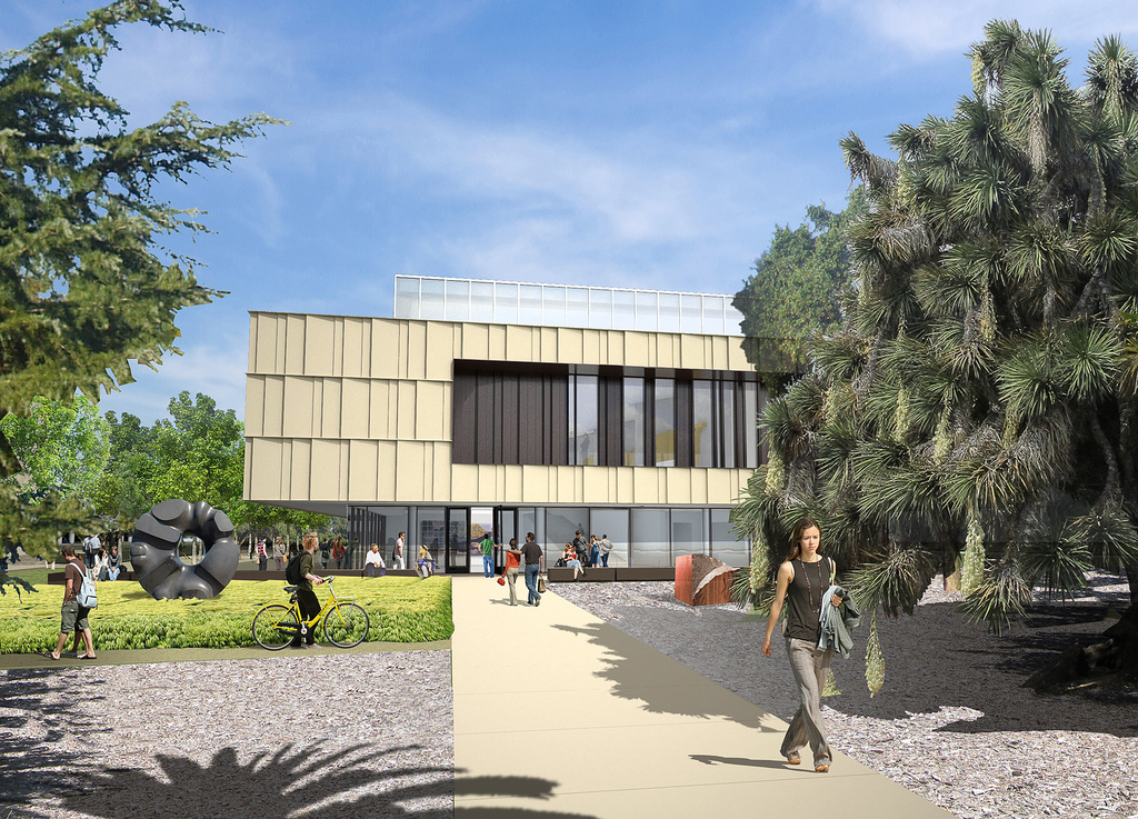Architectural rendering of the main entry of the Anderson Collection at Stanford University building, designed by Ennead Architects.