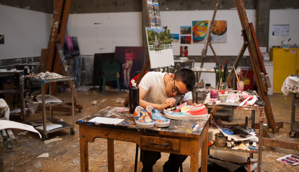 Daniel Enjay Wong works on "Cephalo-Pod," a project that was supported by a Stanford Arts Institute Spark! grant.