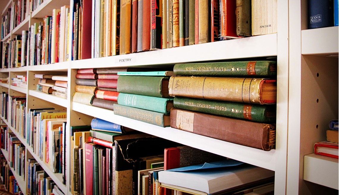 a photo of books in a library