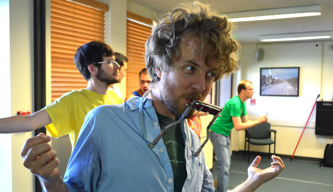 Stephen Sansom (foreground) with Alan Sheppard, Scott Arcenas, Michael Vang and David Driscoll rehearsing the contemporary presentation of Cyclops.