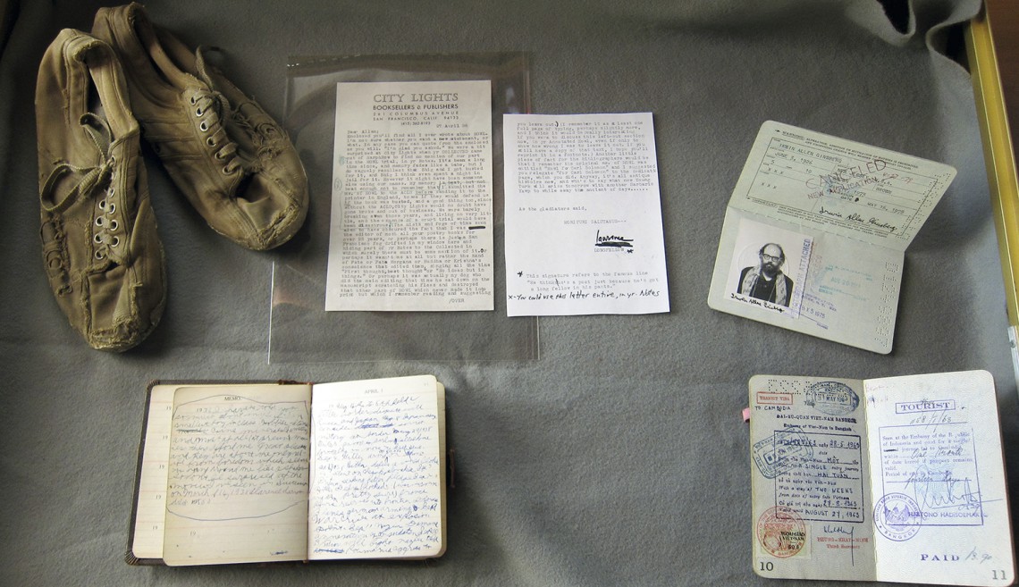 Among the items from the Allen Ginsberg Papers collection at Stanford are a pair of Ginsberg's shoes and a letter from Lawrence Ferlinghetti, co-founder of City Lights Booksellers & Publishers. Archivist Bill Morgan said Ginsberg saved the poorly made sneakers, which he bought in then-communist Czechoslovakia, because their shoddy appearance illustrated the harsh realities of communism.