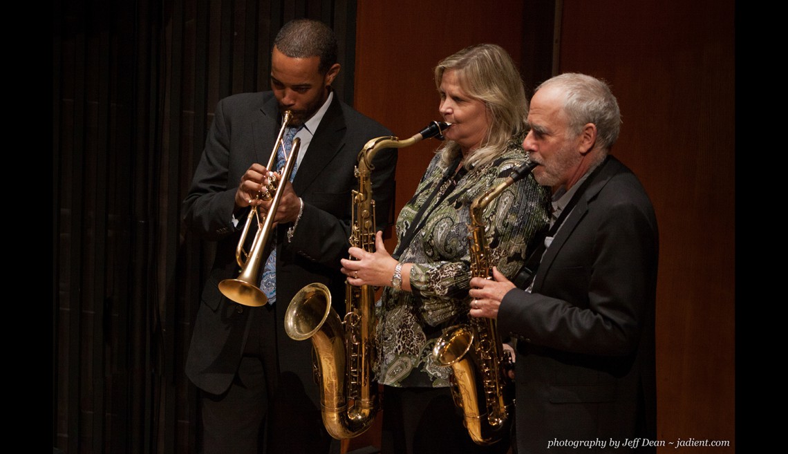 Festival founder Jim Nadel on alto sax on the right, Jazz Day Camp director Kristen Strom on tenor sax, and Geechi Taylor on trumpet performing at "Everything You Wanted to Know About Jazz, But Were Afraid to Ask."