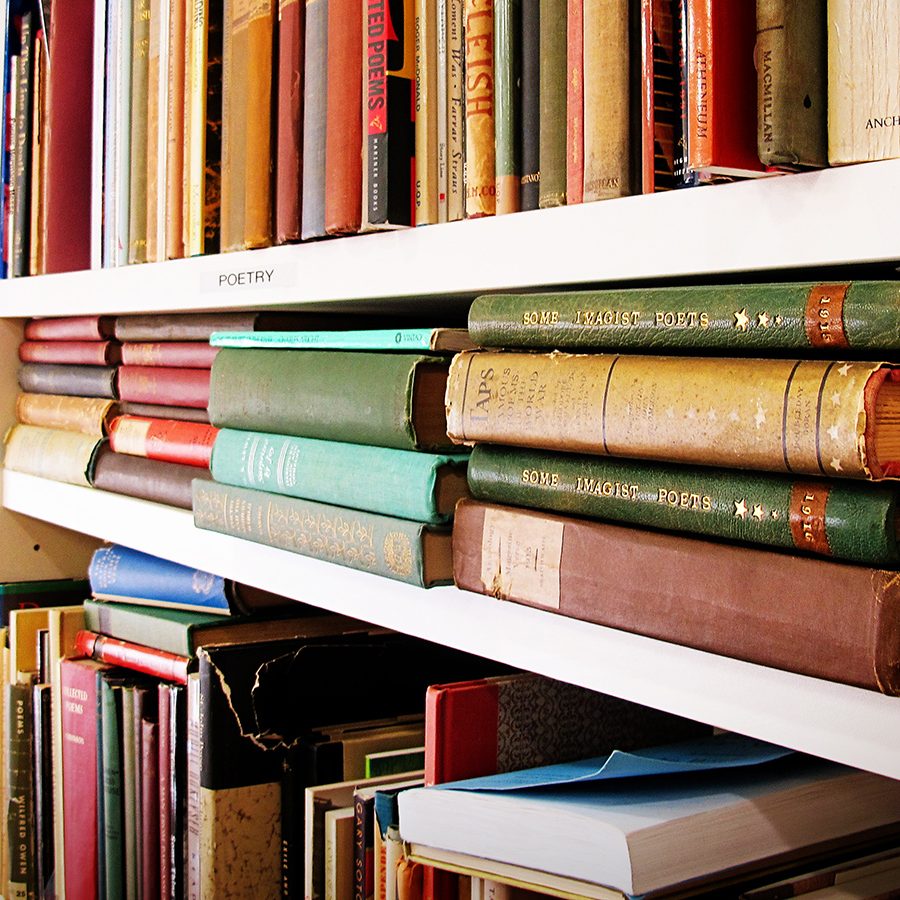 a photo of books in a library